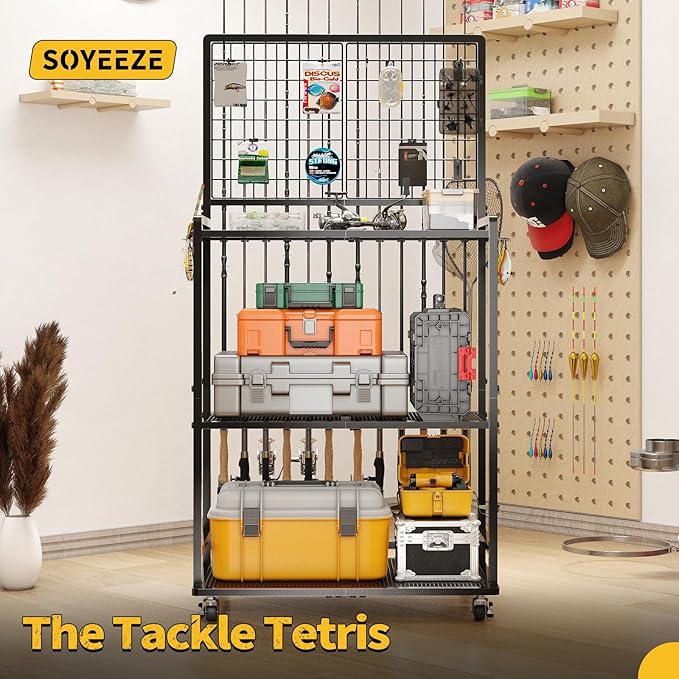 SOYEEZE Fishing Rod Holder for Garage, Fishing Pole Holders with Wire Panels and Free DIY Hooks, Store Up to 12 Rods, Large Storage Space with Wheels for Fishing Supplies, Best Fsihing Gifts for Man