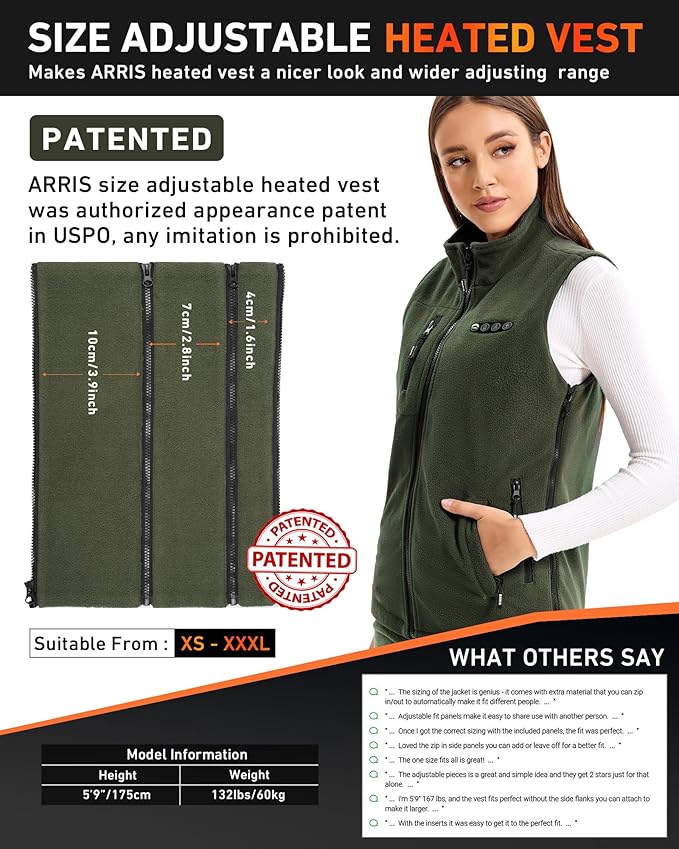 ARRIS Fleece Heated Vest for Women with 7.4V Battery Pack, Size Adjustable 8 Heating Zones Heating Clothing for Hunting