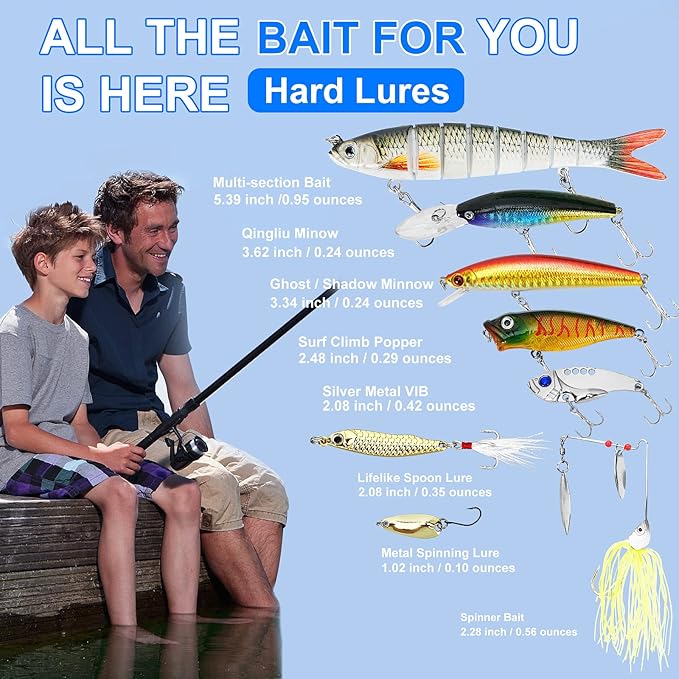 Fishing Lures Tackle Box Bass Kit, Including Animated Lure,Crankbaits,Spinnerbaits,Soft Plastic Worms, Topwater Lures,Hooks,Saltwater & Freshwater Fishing Gear for Bass,Trout, Salmon.