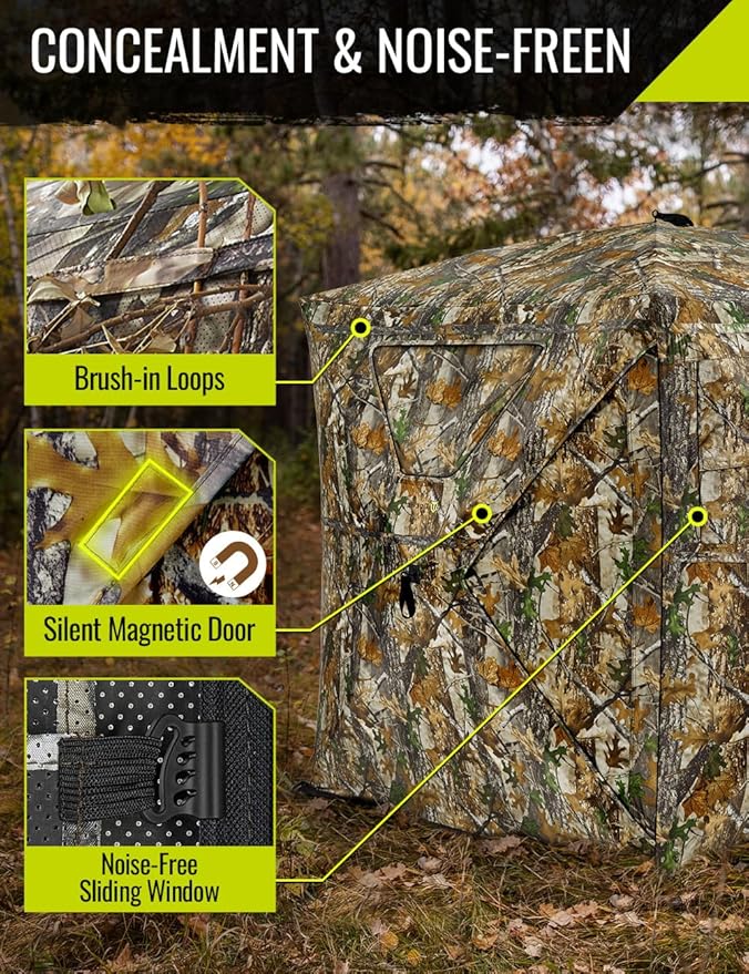 TIDEWE See Through Blind 270°with Silent Magnetic Door & Sliding Windows, 2-3 Person Pop Up Ground Blind with Carrying Bag, 300D Portable Resilient Tent(Camouflage & Veil Rush)