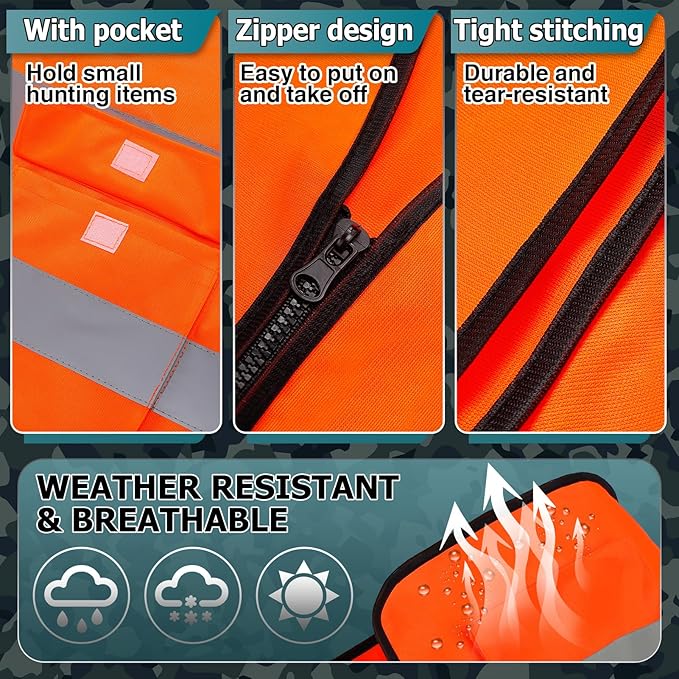 Apipi 2 Set Blaze Orange Hunting Vest and Beanie - High Visibility Safety Vest for Men, with Reflective Strips for Outdoor