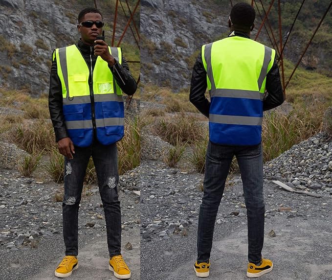 zojo High Visibility Safety Vests With Pockets, Pack of 10,Wholesale Reflective Vest for Outdoor Works, Cycling, Jogging, Walking,Sports - Fits for Men and Women (2XL-Mix Yellow & Blue)