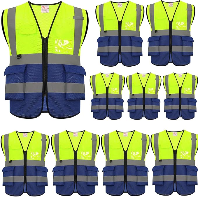 zojo High Visibility Safety Vests With Pockets,Pack of 10,Wholesale Reflective Vest for Outdoor Works, Cycling, Jogging, Walking,Sports - Fits for Men and Women (2XL- Mesh-Mix Yellow & Blue)