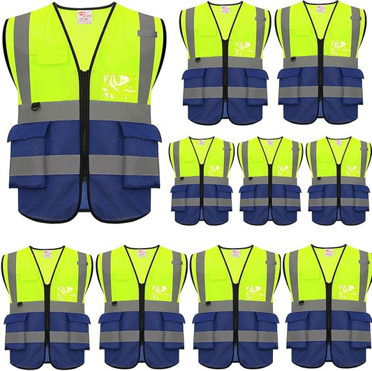 zojo High Visibility Safety Vests With Pockets,Pack of 10,Wholesale Reflective Vest for Outdoor Works, Cycling, Jogging, Walking,Sports - Fits for Men and Women (2XL- Mesh-Mix Yellow & Blue)