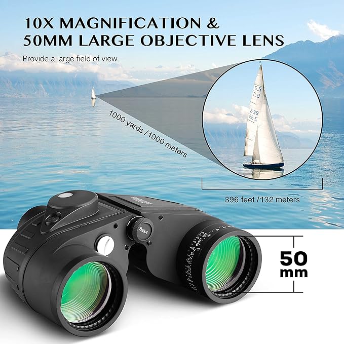 Aomekie 10x50 Binoculars for Adults Marine Military Binoculars Waterproof with Rangefinder Compass BAK4 Prism FMC Lens for Birdwatching Hunting Boating (10X50 Black)