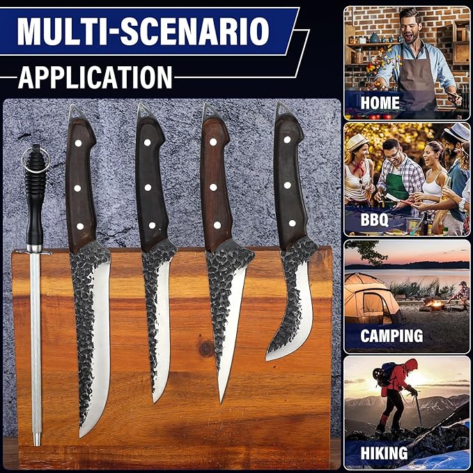 TAN REN Boning Knife Set, 6PCS Butcher Knife Set for Meat Cutting, Hand Forged Skinning Set with Sharpening Rod, High Carbon Steel Meat Trimming Knife for Kitchen & Outdoor Hunting Knife for Men