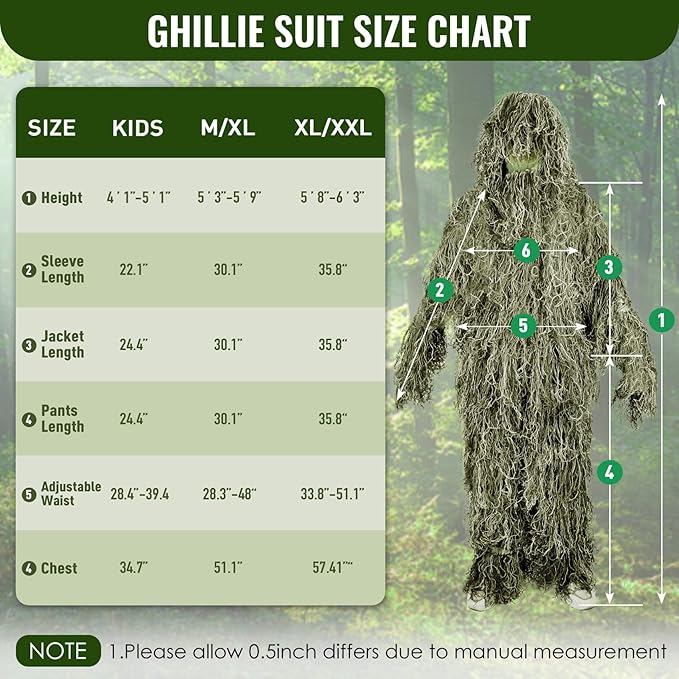 Seeutek 5 in 1 Ghillie Suit - 3D Camouflage Hunting Suits - Jacket, Pants, Hood, Carry Bag for Adults & Youth, M/L/XL/XXL