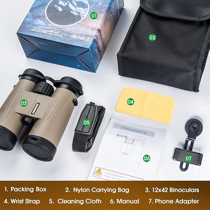 12x42 HD Binoculars for Adults High Powered Binoculars with Upgraded Phone Adapter Waterproof Compact Binocular with Low Light Night Vision for Bird Watching Hunting Outdoor Sports Concerts Green