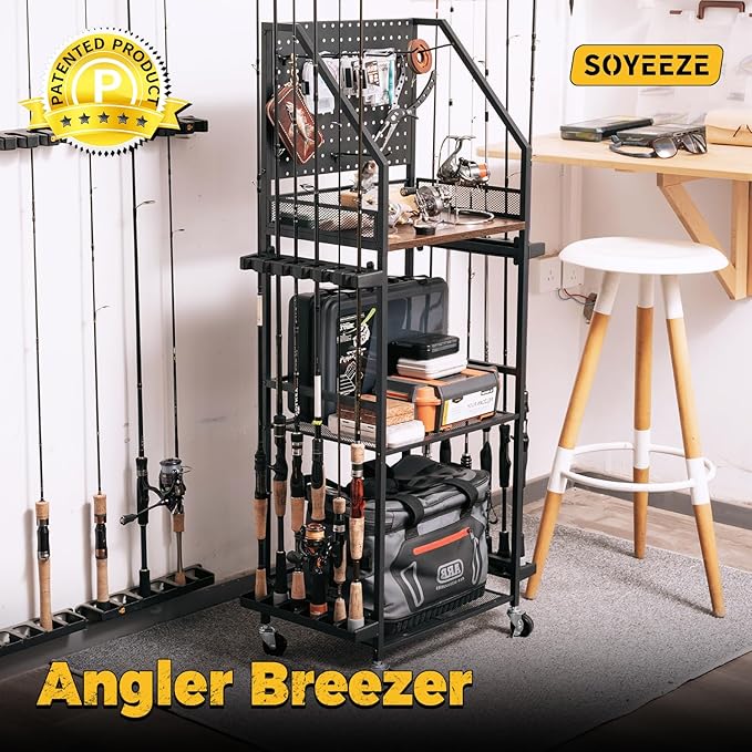 SOYEEZE Fishing Rod Holders for Garage, Fishing Pole holders, Fishing Gear Storage up to 12 Rods with Hooks and Wheels, Fishing Cart For Fishing Rod Tackle Box Reel Storage