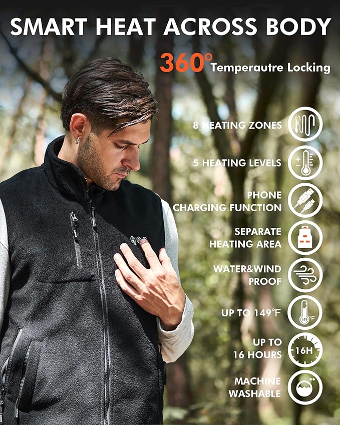 ARRIS Fleece Heated Vest for Men with Battery Pack Included, Size Adjustable 8 Heating Zones for Hunting