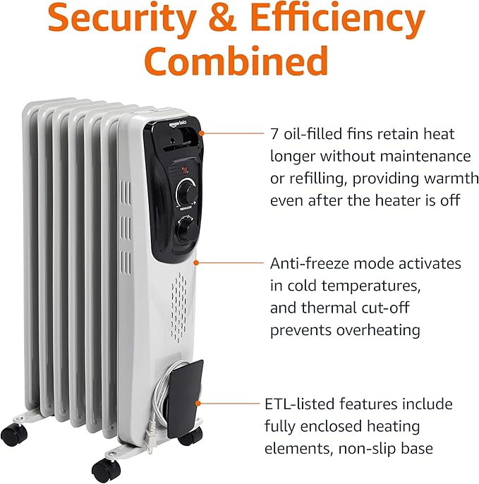 Amazon Basics Portable Oil Radiator Heater for Indoor Use, 3 Heat Settings, Over-Heat Protection, ETL-certified Safety, 7 Oil-Filled Steel Fins, 1500W, 11"D x 14.8"W x 25.2"H, White