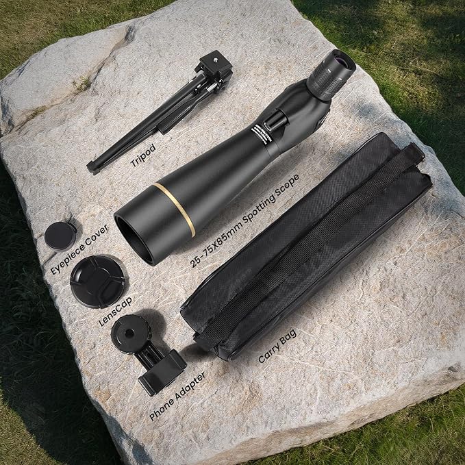 Spotting Scope 25-75x85 HD with Phone Adapter, Tripod & Carrying Bag -Fully Multi-Coated Optics,BAK4 High Definition Waterproof Spotter Scope for Birding, Hunting, Astronomy, Outdoor Observation,Black