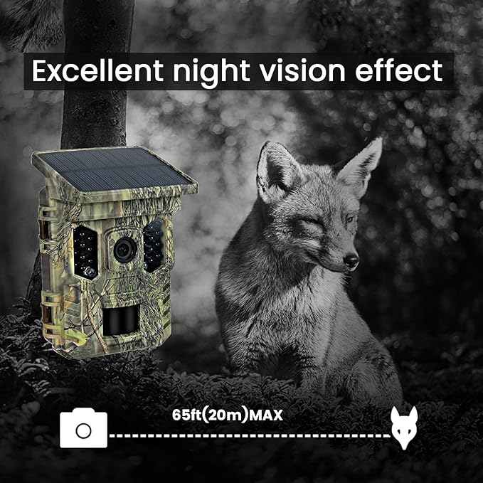 Solar Trail Camera 32MP 30FPS 2.7K Video,WiFi Bluetooth Hunting Camera with Motion Activated 0.2s Trigger, Night Vision Motion 64GB Card,Bracket,4PCS Battery,IP66 Waterproof for Wildlife Scouting