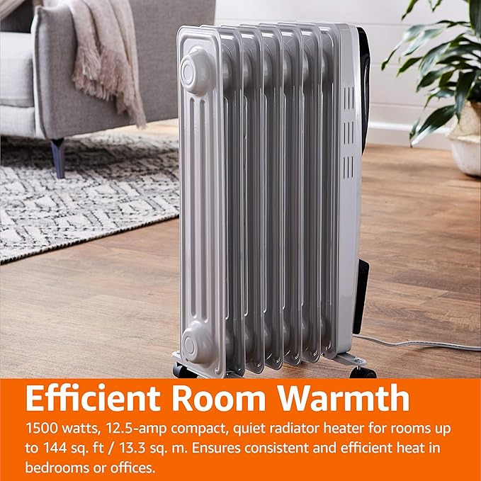 Amazon Basics Portable Oil Radiator Heater for Indoor Use, 3 Heat Settings, Over-Heat Protection, ETL-certified Safety, 7 Oil-Filled Steel Fins, 1500W, 11"D x 14.8"W x 25.2"H, White
