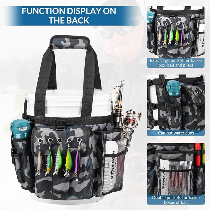 THKFISH Fishing Bucket Organizer for 5 Gallon Bucket, Ice Fishing Bucket Bag with Rod & Plier Holder, Adjustable Fish Protection Bucket Bag with Multi-Pockets for Fishing Gear