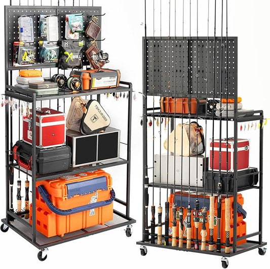 SOYEEZE Fishing Rod Holders for Garage,Fishing Pole Holder/Rack of Adjustable with Pegboard and Hooks, a Tackle Box,Lines,Lure Fishing Organizer, Stores Fishing Gear, up to 12 Rods,Fishing Gift