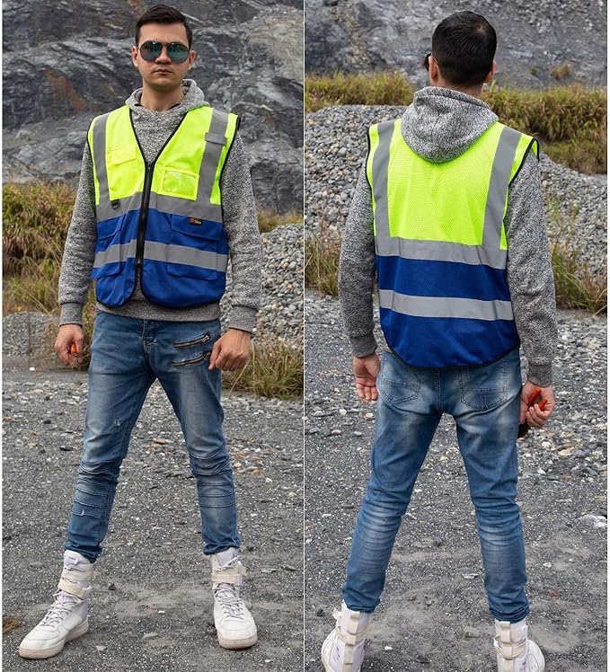 zojo High Visibility Safety Vests With Pockets,Pack of 10,Wholesale Reflective Vest for Outdoor Works, Cycling, Jogging, Walking,Sports - Fits for Men and Women (2XL- Mesh-Mix Yellow & Blue)