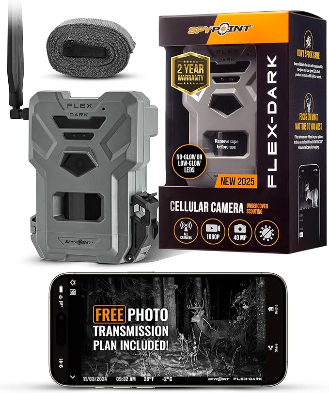 SPYPOINT Flex-Dark Cellular Trail Camera, 40MP Photos, 1080p Video + Sound, No-Glow Game Camera, Hunting Night Vision, Motion Activated,100ft Detection, No WiFi Needed Trail Cam