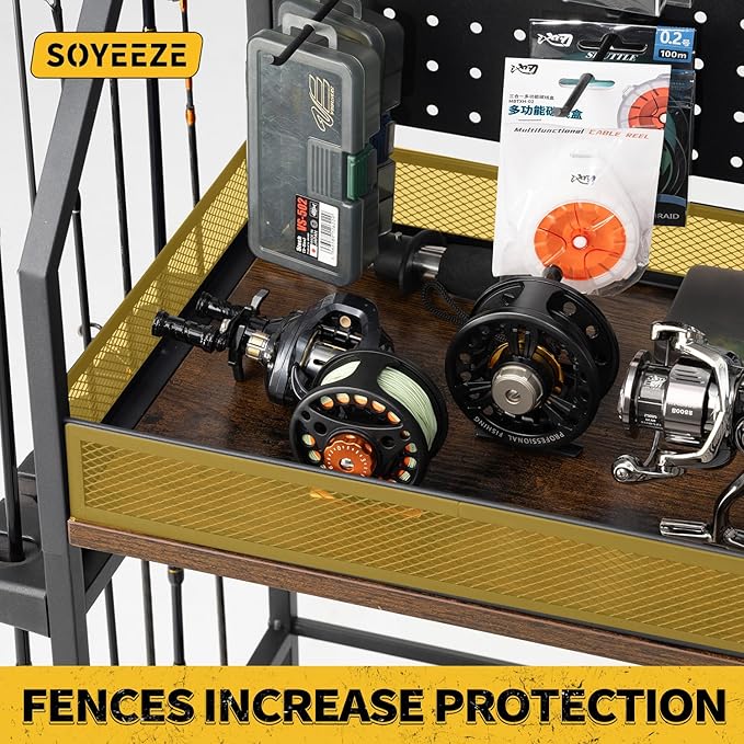 SOYEEZE Fishing Rod Holder,Fishing Pole Holders for Garage,Fishing Pole Rack for 12 Rods,Fishing Gear Equipment Organizer,Fishing Storage Cart Tackle Box/Reels/Bags with Wheels,Basement or Indoor