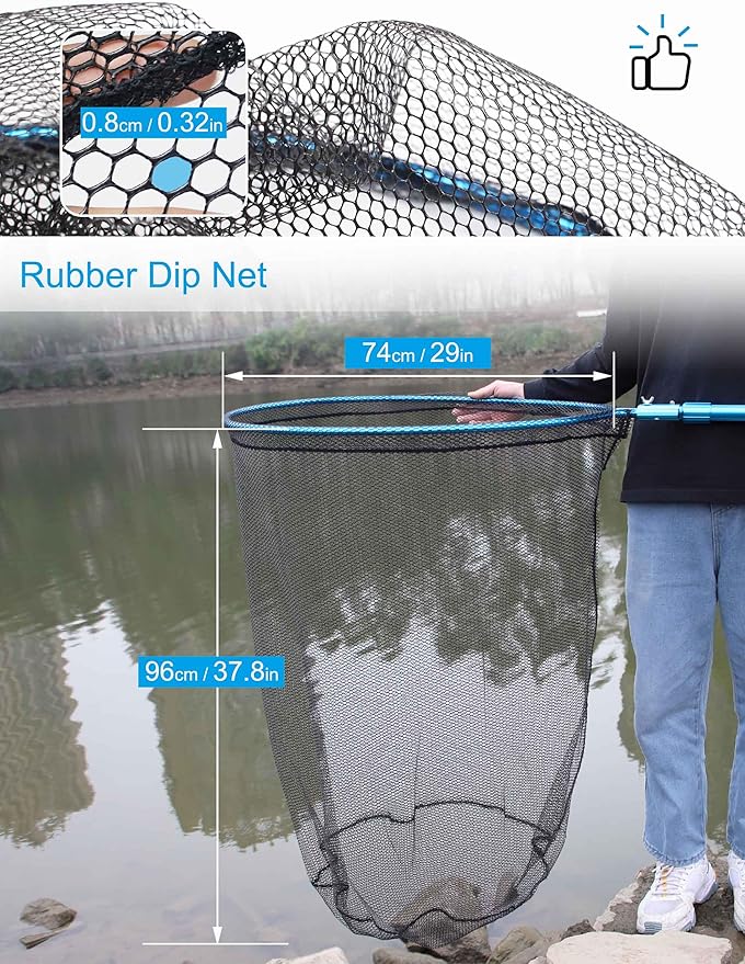 Hlotmeky Large Fishing Nets for Saltwater Fishing Net Long Handle Extra Large Rubber Net Telescoping Handle Heavy Duty Aluminum Fish Nets, Extends to 74-108in, Net Hoop 29x27in, 37in Deep