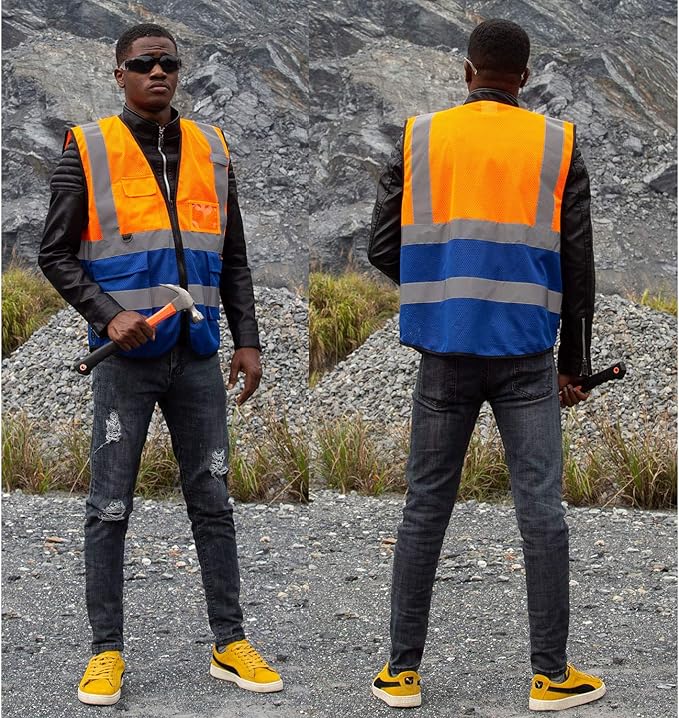 zojo High Visibility Safety Vests With Pockets, Wholesale Reflective Vest for Outdoor Works, Cycling, Jogging, Walking, Fits for Men and Women Pack of 10 (10, 2XL- Mesh-Mix Orange & Blue)
