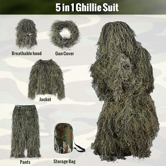 Slendor 5 in 1 Ghillie Suit, 3D Camouflage Hunting Camo Hunting Clothes, Suitable for Unisex Adults/Youth (S/M/L/XL/XXL)
