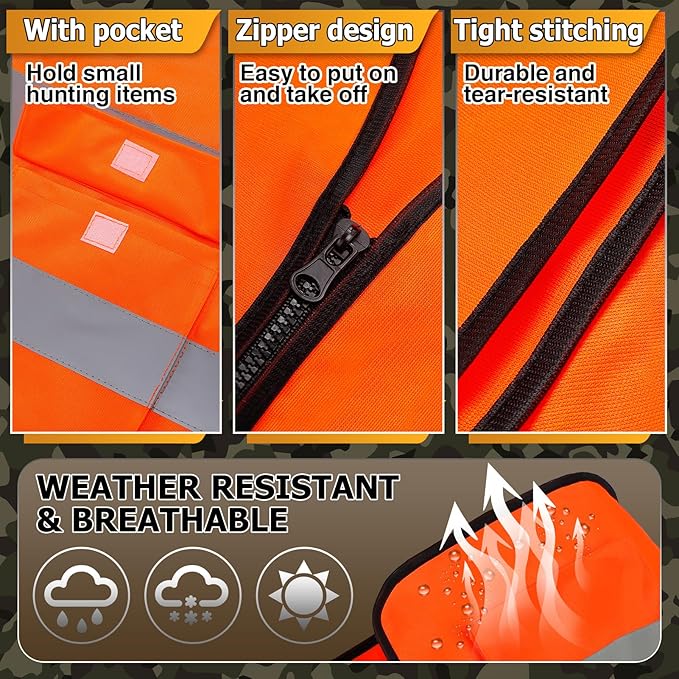 Apipi 2 Set Blaze Orange Hunting Vest and Beanie - High Visibility Safety Vest for Men, with Reflective Strips for Outdoor