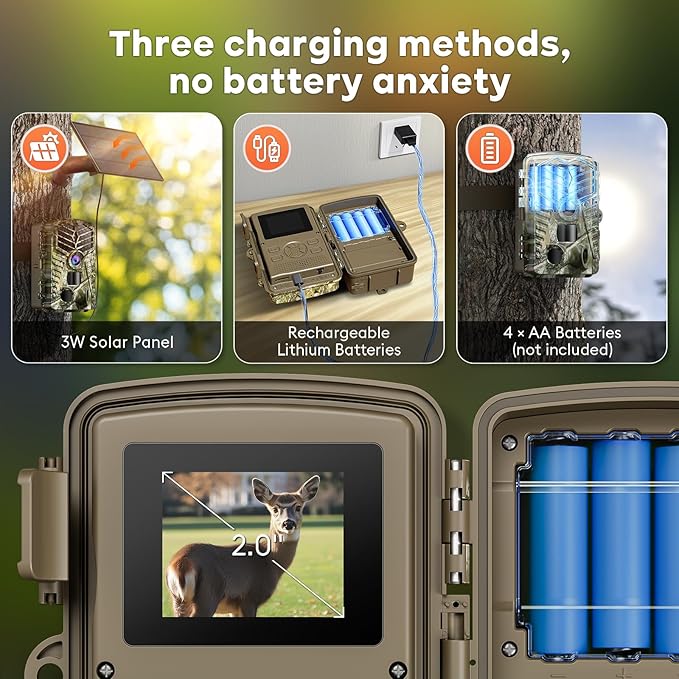Solareye Trail Camera WiFi - Solar Powered 4K 64MP Game Cameras with Night Vision Motion Activated Waterproof with 32GB Micro SD Card, IP66 120° Detection Angle 0.2s Trigger 940nm No Glow LED Wildlife
