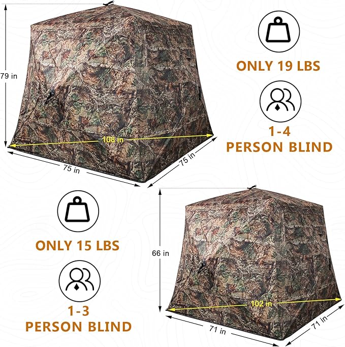 Wide Bottom Hunting Blind 3/4 Person with Portable Chair, 270 Degree See Through Pop up Ground Blinds for Deer Turkey Duck Hunting, Bow Hunting Adjust Windows with Silent Zipper