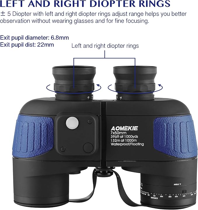 AOMEKIE 7X50 Marine Waterproof Binoculars for Adults with Illuminated Rangefinder Compass BAK4 IPX7 for Boating Military Navigation Hunting Fishing Water Sports