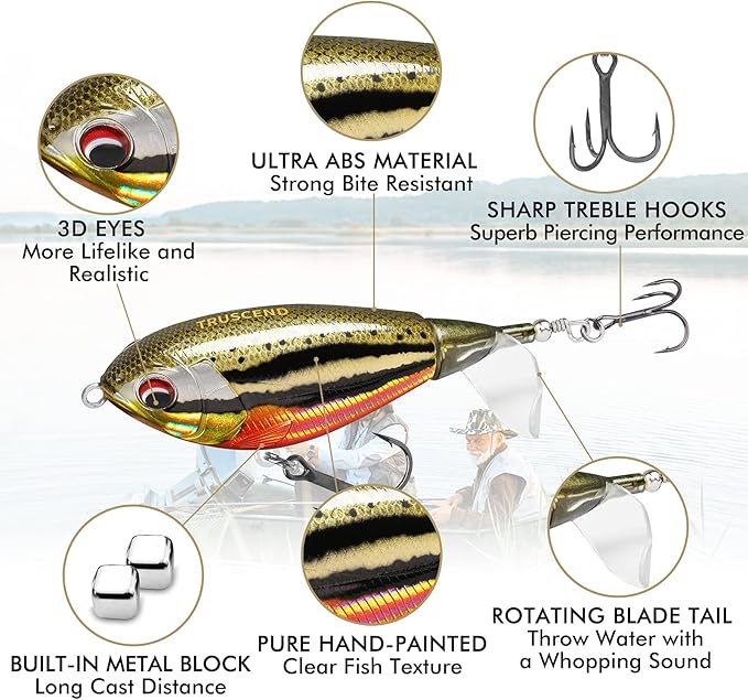 TRUSCEND PoPobait with BKK Hooks, Top Water Plopper Fishing Lures for Bass Walleye Pike Catfish Musky Perch, Floating Lure for Freshwater or Saltwater, Amazing Teasers Fishing Gifts for Family Fishing