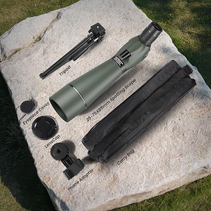 Spotting Scope 25-75x85 with Phone Adapter, Tripod & Carrying Bag -Fully Multi-Coated Optics,BAK4 High Definition Waterproof Spotter Scope for Birding, Hunting, Astronomy, Outdoor Observation,Green