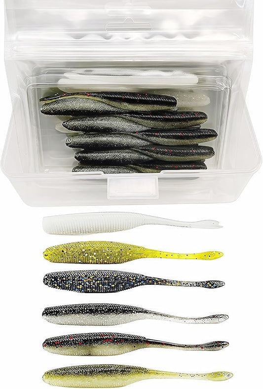 Slow Sinking Soft Fishing Lures Paddle Tail Worm Kit, 3in /3.7in /4.5in - 6 Colors Tail-Wagging Soft Baits with Salt-Infused for Bass/Walleye/Crappie Finesse Fishing,48/60/90Pack.