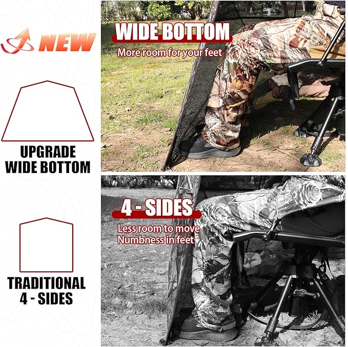 Wide Bottom Hunting Blind 3/4 Person with Portable Chair, 360 Degree See Through Pop up Ground Blinds for Deer Turkey Duck Hunting, Bow Hunting Adjust Windows with Silent Zipper