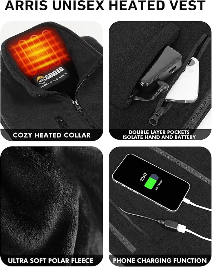 ARRIS Fleece Heated Vest for Men with Battery Pack Included, Size Adjustable 8 Heating Zones for Hunting