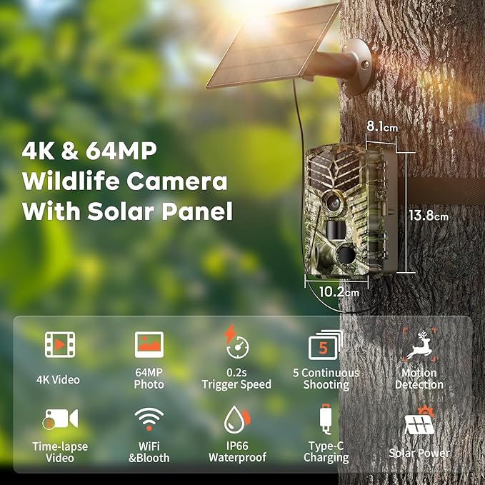Solareye Trail Camera WiFi - Solar Powered 4K 64MP Game Cameras with Night Vision Motion Activated Waterproof with 32GB Micro SD Card, IP66 120° Detection Angle 0.2s Trigger 940nm No Glow LED Wildlife