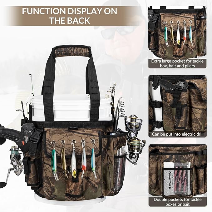 THKFISH Fishing Bucket Organizer for 5 Gallon Bucket, Ice Fishing Bucket Bag with Rod & Plier Holder, Adjustable Fish Protection Bucket Bag with Multi-Pockets for Fishing Gear