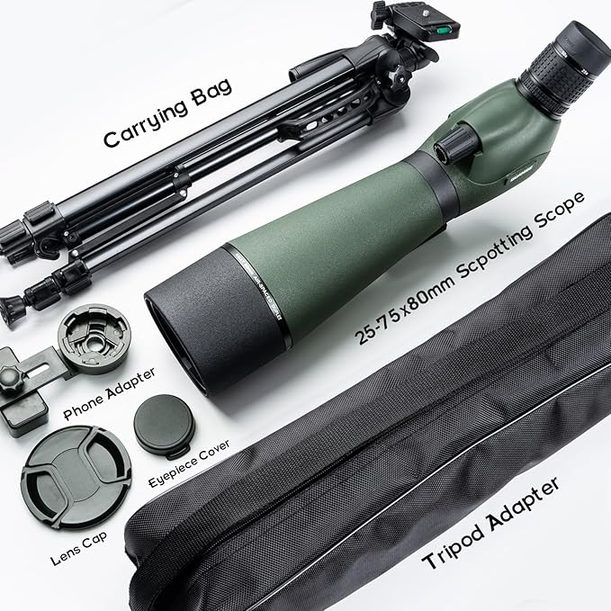 25-75x80 Spotting Scope for Target Shooting with Upgraded Tripod Carrying Bag and Phone Adapter Spotter Scope for Bird Watching, Wildlife Viewing Mud