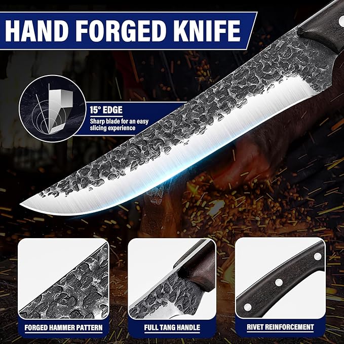 TAN REN Boning Knife Set, 6PCS Butcher Knife Set for Meat Cutting, Hand Forged Skinning Set with Sharpening Rod, High Carbon Steel Meat Trimming Knife for Kitchen & Outdoor Hunting Knife for Men