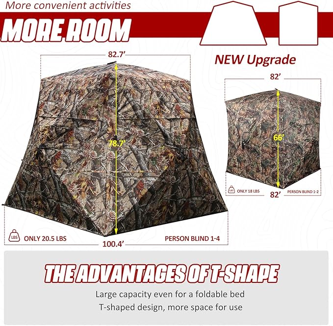 Wide Bottom Hunting Blind 3/4 Person with Portable Chair, 360 Degree See Through Pop up Ground Blinds for Deer Turkey Duck Hunting, Bow Hunting Adjust Windows with Silent Zipper