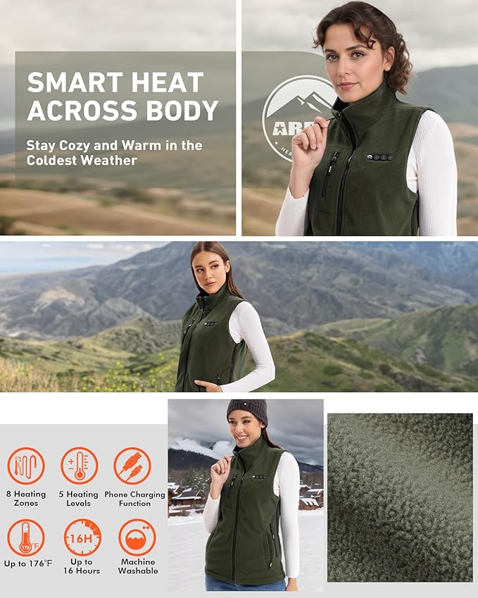 ARRIS Fleece Heated Vest for Women with 7.4V Battery Pack, Size Adjustable 8 Heating Zones Heating Clothing for Hunting
