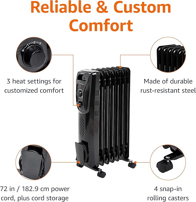 Amazon Basics Portable Oil Radiator Heater for Indoor Use, 3 Heat Settings, Over-Heat Protection, ETL-certified Safety, 7 Oil-Filled Steel Fins, 1500W, 11"D x 14.8"W x 25.2"H, Black