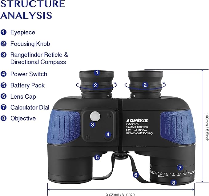 AOMEKIE 7X50 Marine Waterproof Binoculars for Adults with Illuminated Rangefinder Compass BAK4 IPX7 for Boating Military Navigation Hunting Fishing Water Sports