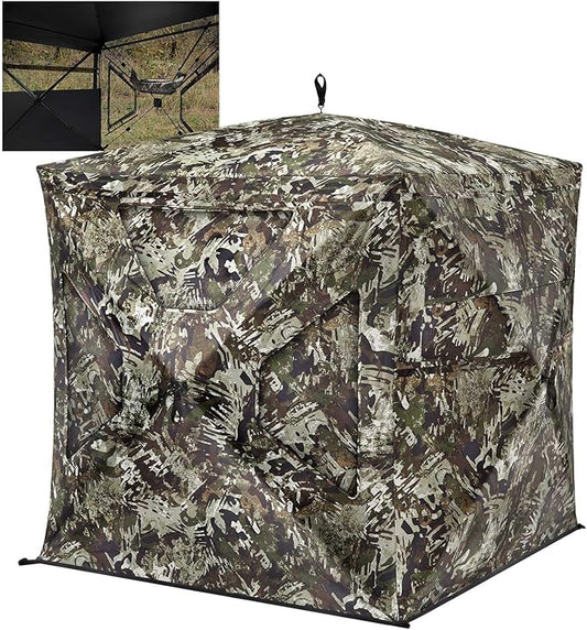 TIDEWE See Through Blind 270°with Silent Magnetic Door & Sliding Windows, 2-3 Person Pop Up Ground Blind with Carrying Bag, 300D Portable Resilient Tent(Camouflage & Veil Rush)