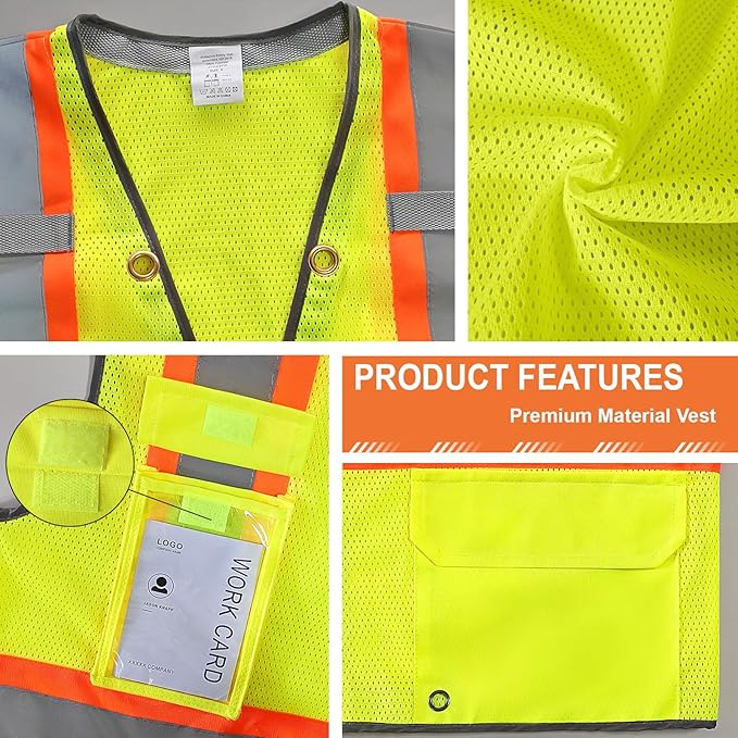 9 Pockets Class 2 High Visibility Reflective Safety Vest for Men, Mesh Hi Vis Construction Work Vest