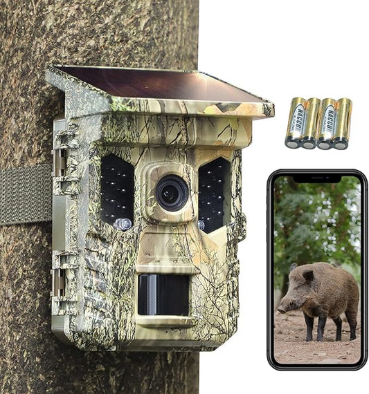 Solar Trail Camera 32MP 30FPS 2.7K Video,WiFi Bluetooth Hunting Camera with Motion Activated 0.2s Trigger, Night Vision Motion 64GB Card,Bracket,4PCS Battery,IP66 Waterproof for Wildlife Scouting