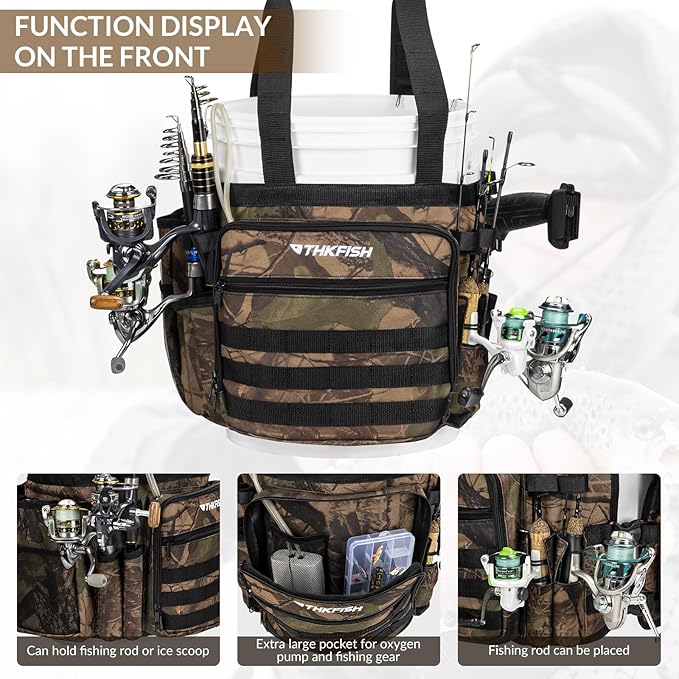 THKFISH Fishing Bucket Organizer for 5 Gallon Bucket, Ice Fishing Bucket Bag with Rod & Plier Holder, Adjustable Fish Protection Bucket Bag with Multi-Pockets for Fishing Gear