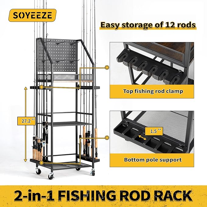 SOYEEZE Fishing Rod Holder,Fishing Pole Holders for Garage,Fishing Pole Rack for 12 Rods,Fishing Gear Equipment Organizer,Fishing Storage Cart Tackle Box/Reels/Bags with Wheels,Basement or Indoor