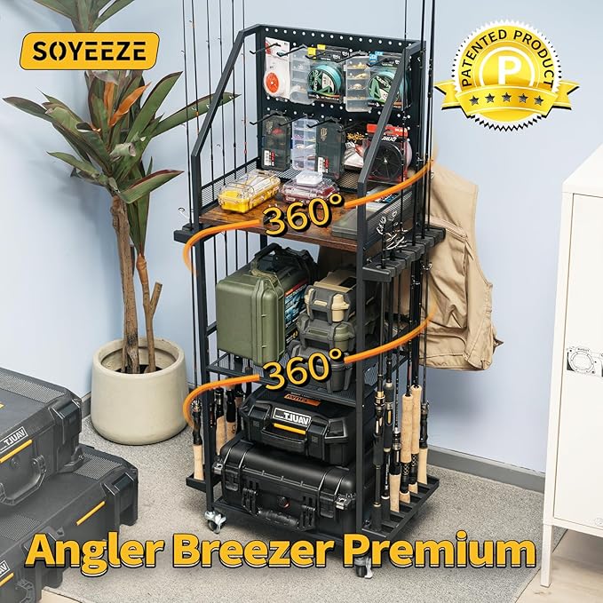 SOYEEZE Fishing Rod Holders for Garage,Fishing Gear Storage and Organization for Tackle Box and Fishing Reels,Fishing Pole Holders for Fishing Equipment with Pegboard and Wheels