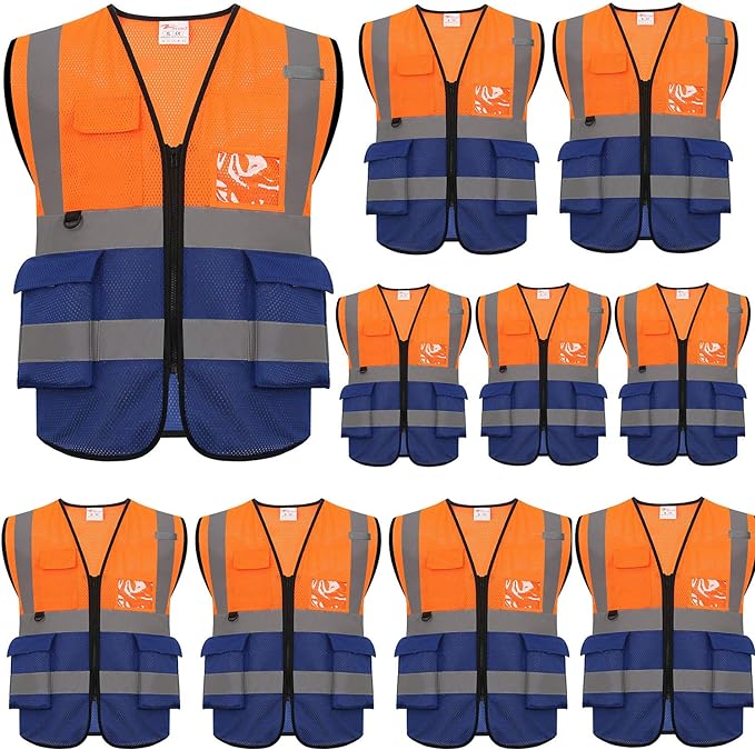 zojo High Visibility Safety Vests With Pockets, Wholesale Reflective Vest for Outdoor Works, Cycling, Jogging, Walking, Fits for Men and Women Pack of 10 (10, 2XL- Mesh-Mix Orange & Blue)